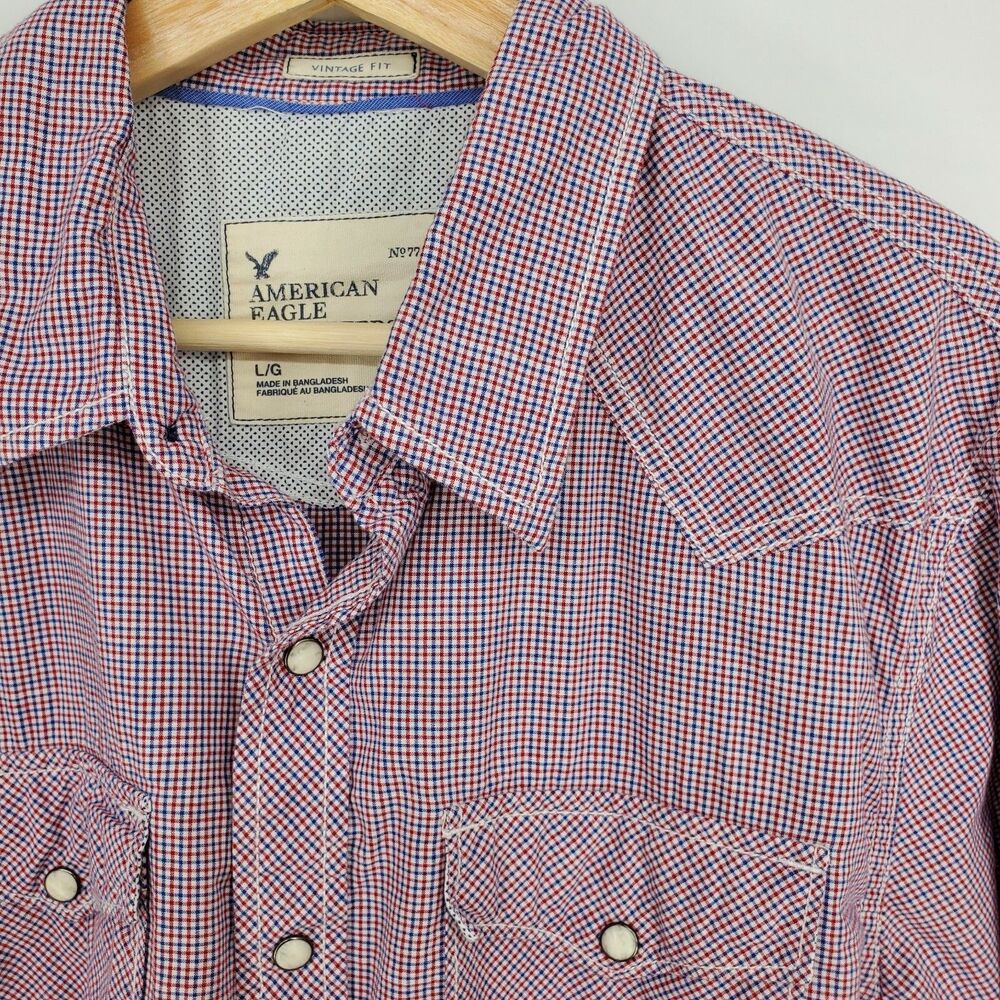 American Eagle Mens Pearl Snap Button Shirt Vintage Fit Red White Blue Large
